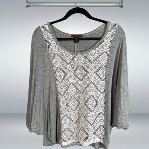 BKE heathered grey batwing tunic top with mesh lace front without lining.